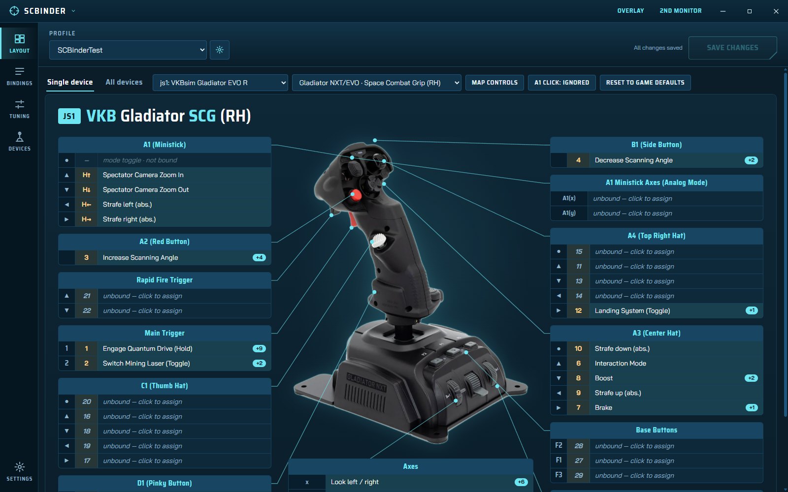 SCBinder Layout view showing a VKB Gladiator grip with every button labelled